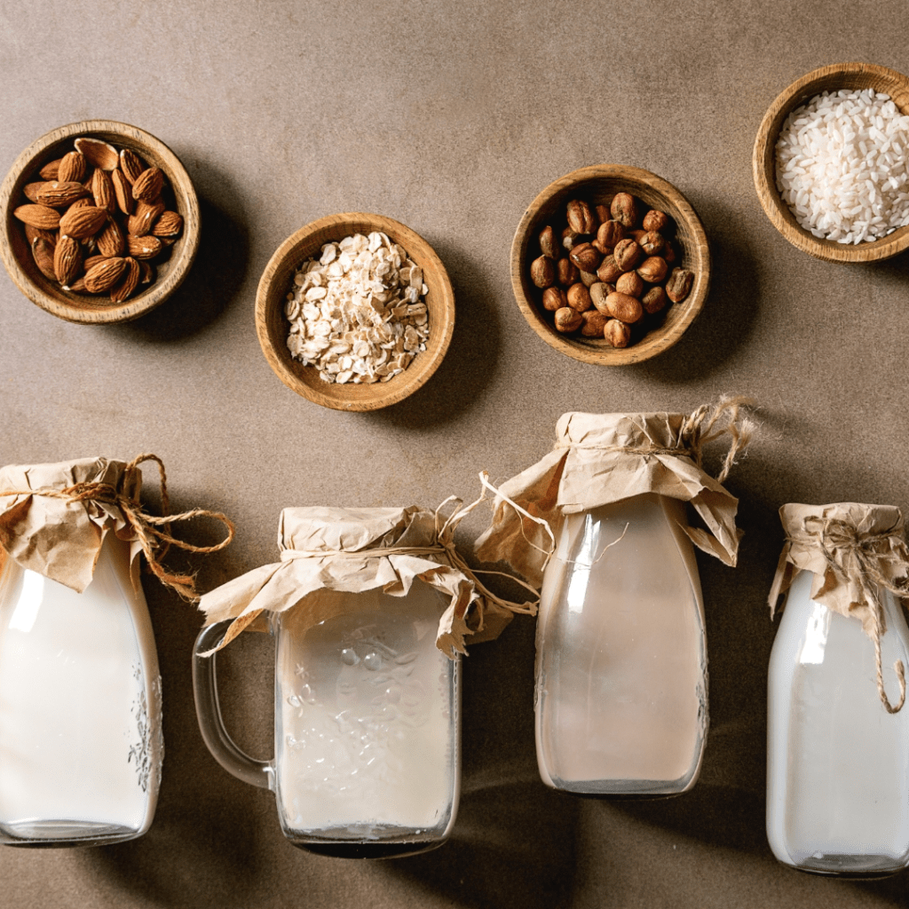A display of milks from almond to oat to rice